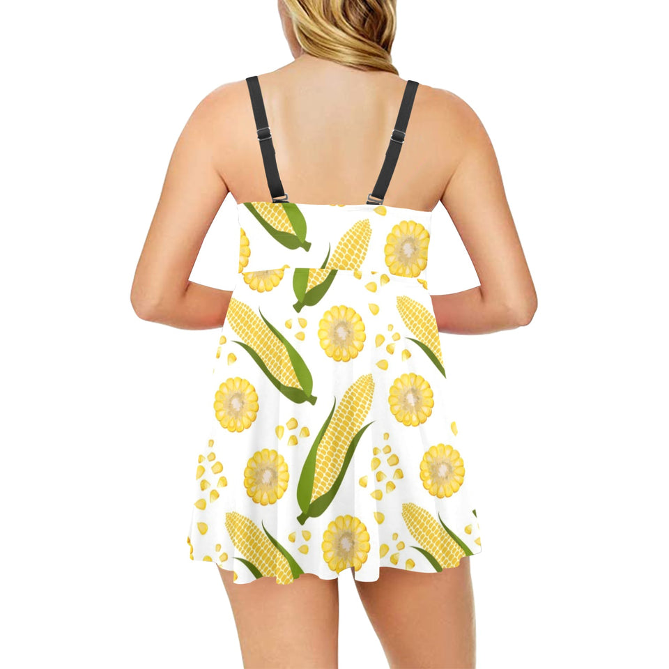 Corn Pattern Print Design 05 Chest Sexy Pleated Two Piece Swim Dress