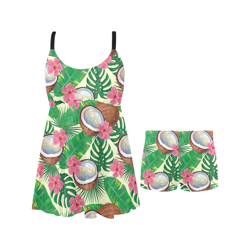 Coconut Pattern Print Design 01 Chest Sexy Pleated Two Piece Swim Dress