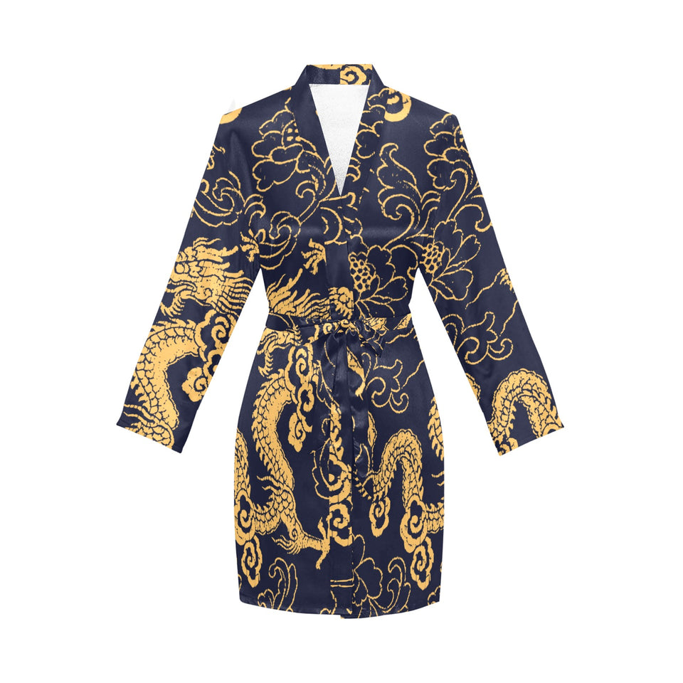 Gold dragon pattern Women's Long Sleeve Belted Night Robe