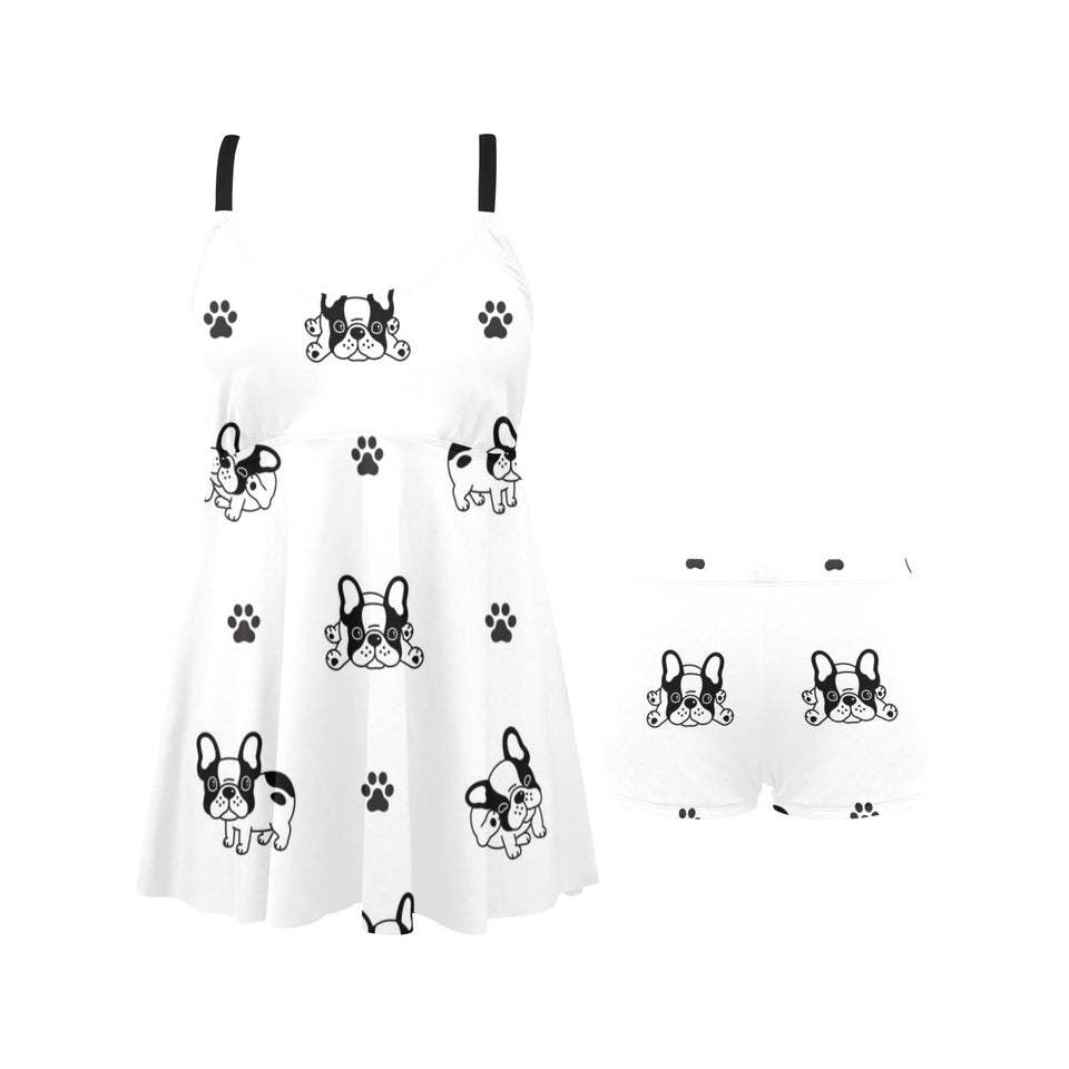 Cute french bulldog paw pattern Chest Sexy Pleated Two Piece Swim Dress