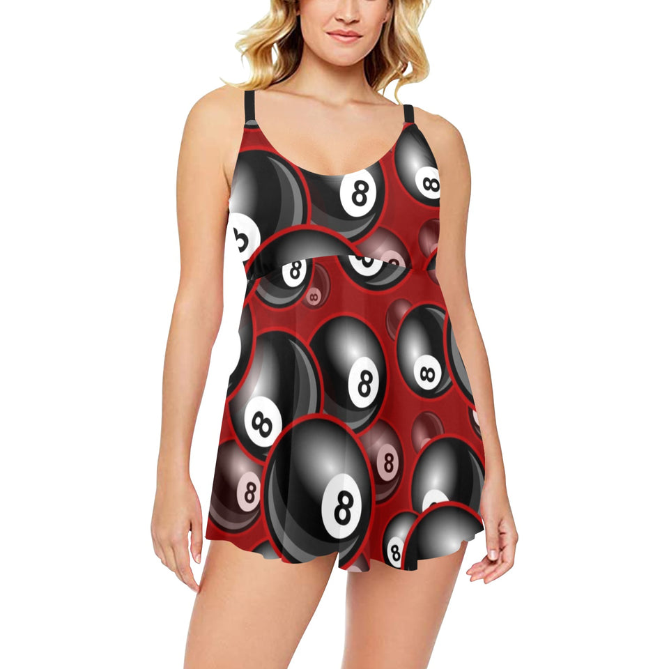 Billiard Ball Pattern Print Design 05 Chest Sexy Pleated Two Piece Swim Dress