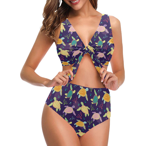 Colorful sea turtle pattern Chest Bowknot High Waisted Bikini Swimsuit