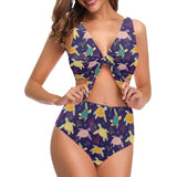 Colorful sea turtle pattern Chest Bowknot High Waisted Bikini Swimsuit