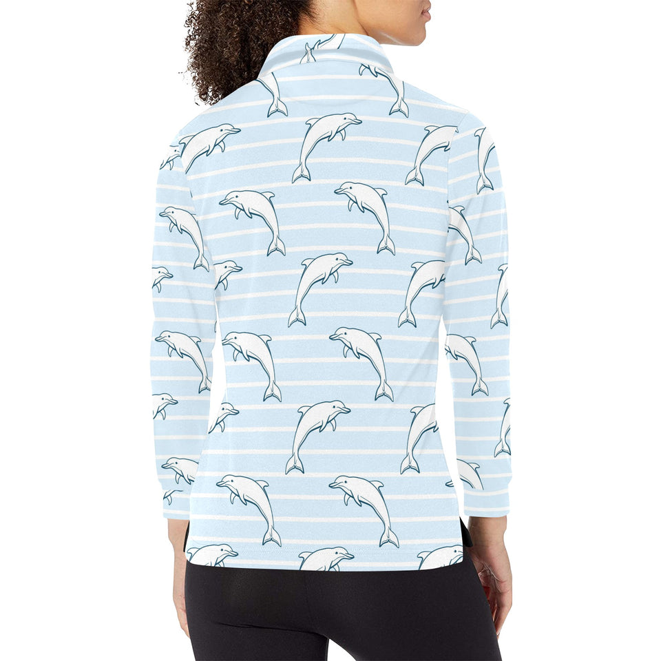 Dolphin blue striped background Women's Long Sleeve Polo Shirt