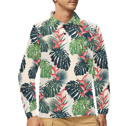 heliconia flowers, palm and monstera leaves Men's Long Sleeve Polo Shirt