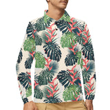 heliconia flowers, palm and monstera leaves Men's Long Sleeve Polo Shirt