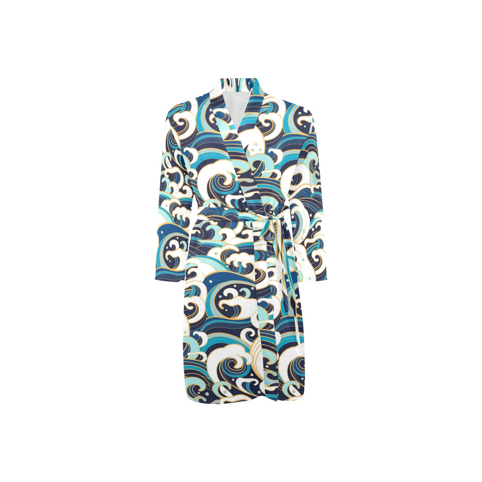 Japanese wave pattern Men's Long Sleeve Belted Night Robe