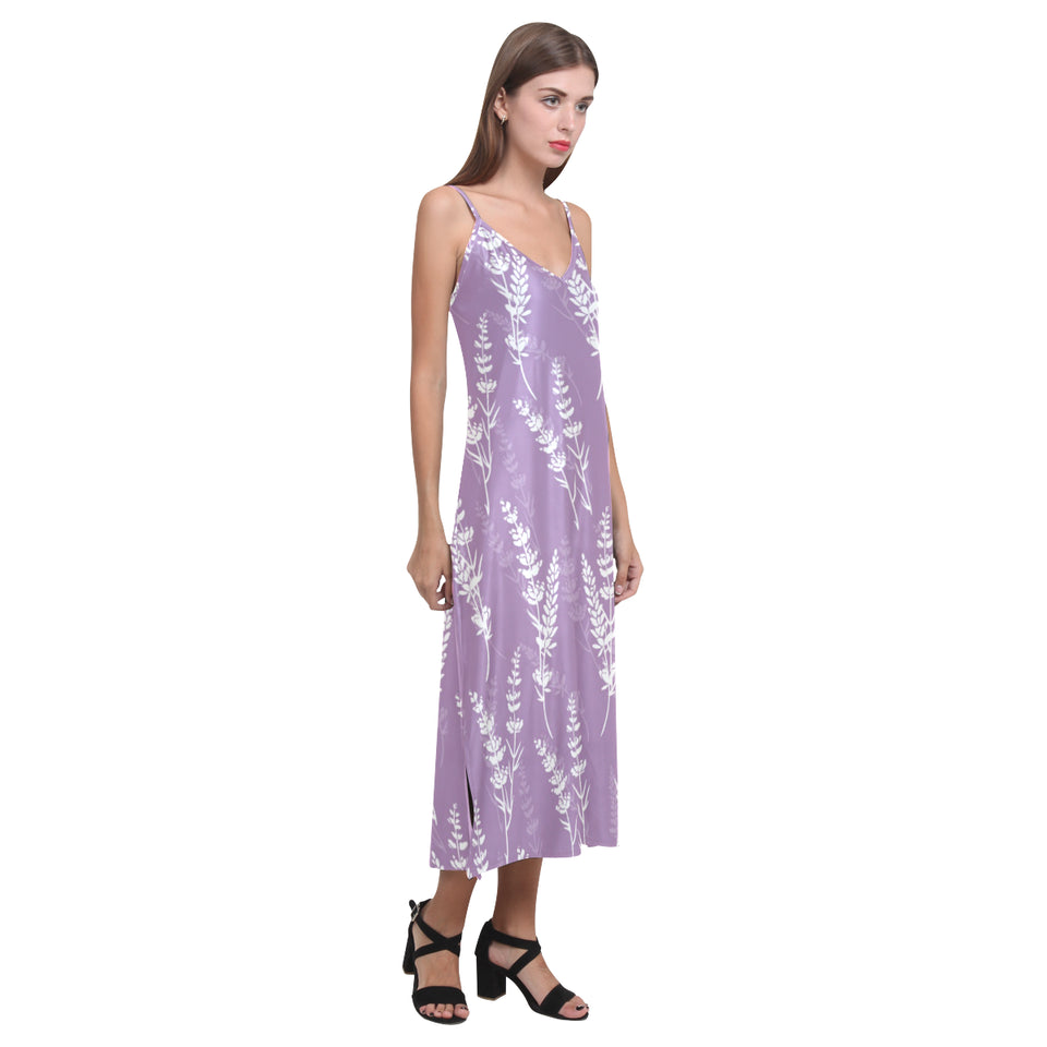 Lavender flowers purple pattern V-Neck Open Fork Long Dress