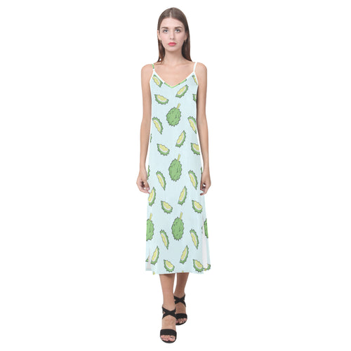 Durian pattern blue background V-Neck Open Fork Long Dress