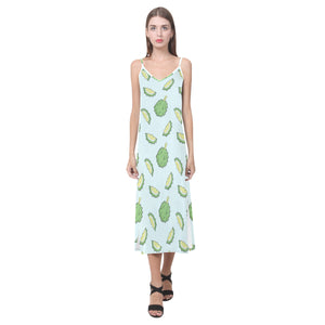 Durian pattern blue background V-Neck Open Fork Long Dress