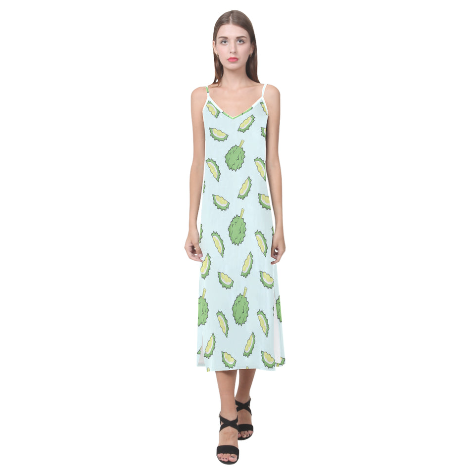 Durian pattern blue background V-Neck Open Fork Long Dress