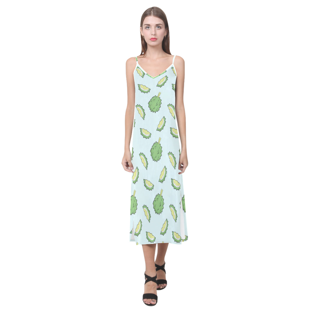 Durian pattern blue background V-Neck Open Fork Long Dress