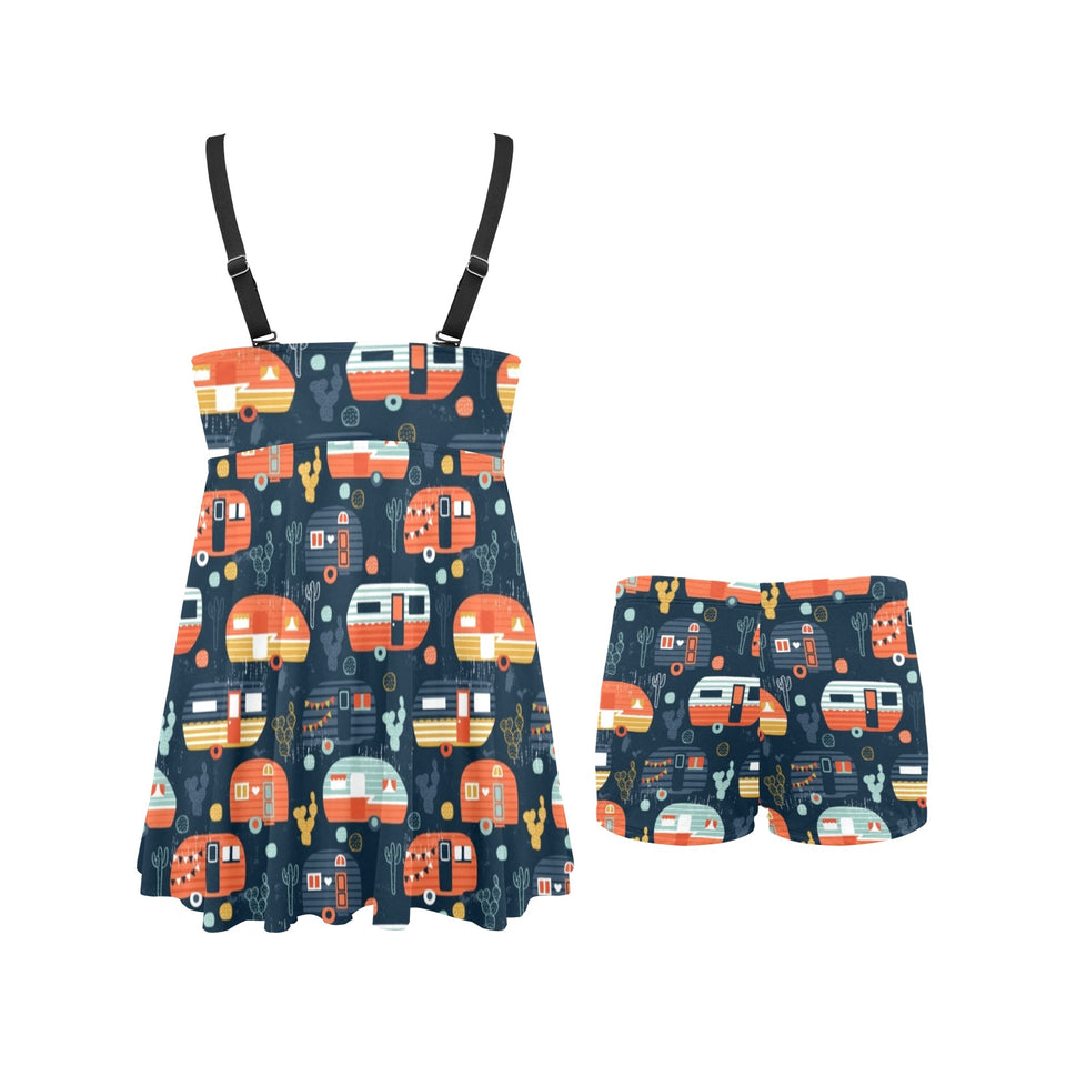 Camper Van Pattern Print Design 05 Chest Sexy Pleated Two Piece Swim Dress