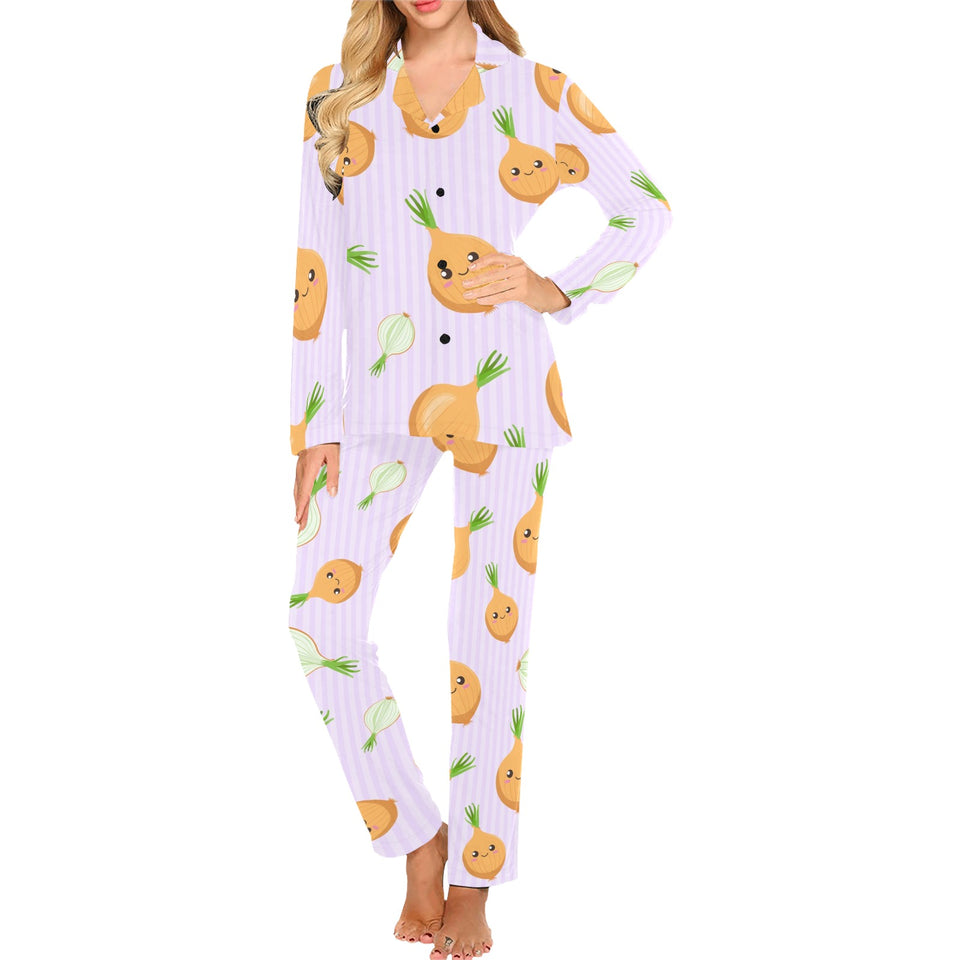 cute onions smiling faces purple background Women's Long Pajama Set