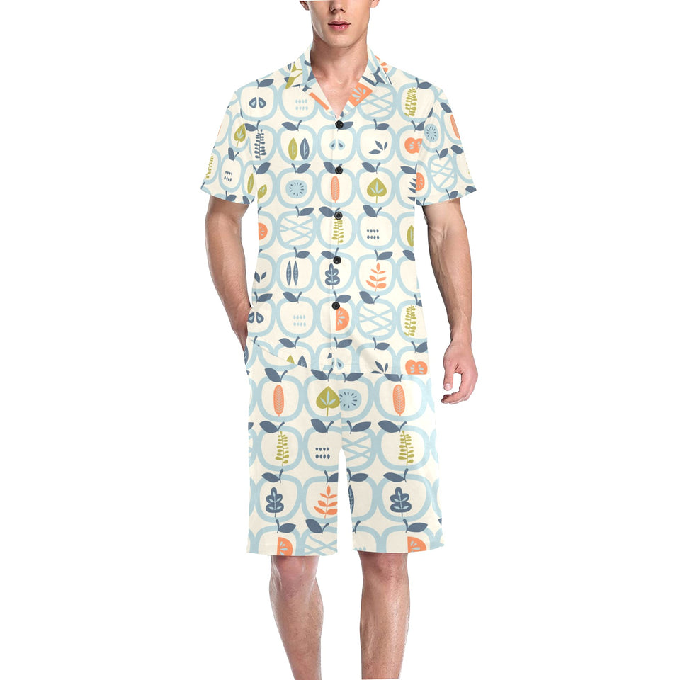 apples leaves pattern Men's V-Neck Short Pajama Set