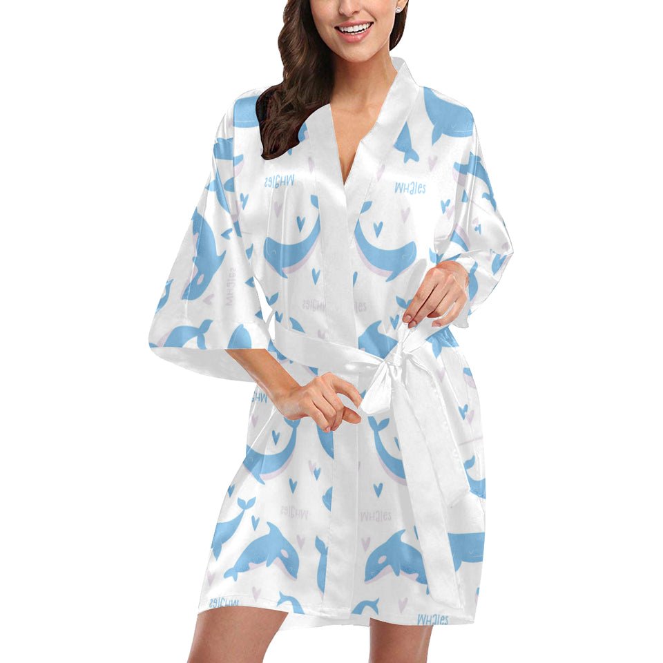 Blue whale pattern Women's Short Kimono Robe