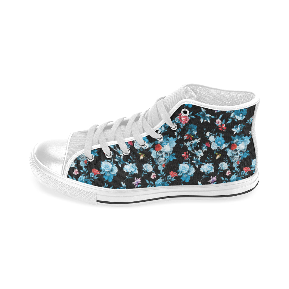 Skull flower roses leave pattern Men's High Top Canvas Shoes White