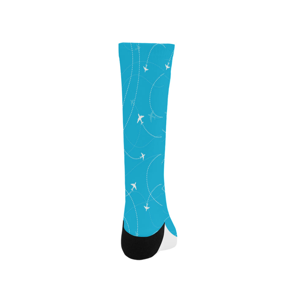 Airplane destinations blue background Crew Socks