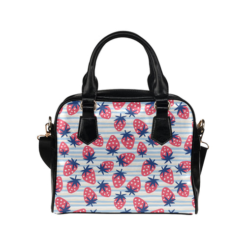 Strawberry pattern blue lines background Shoulder Handbag