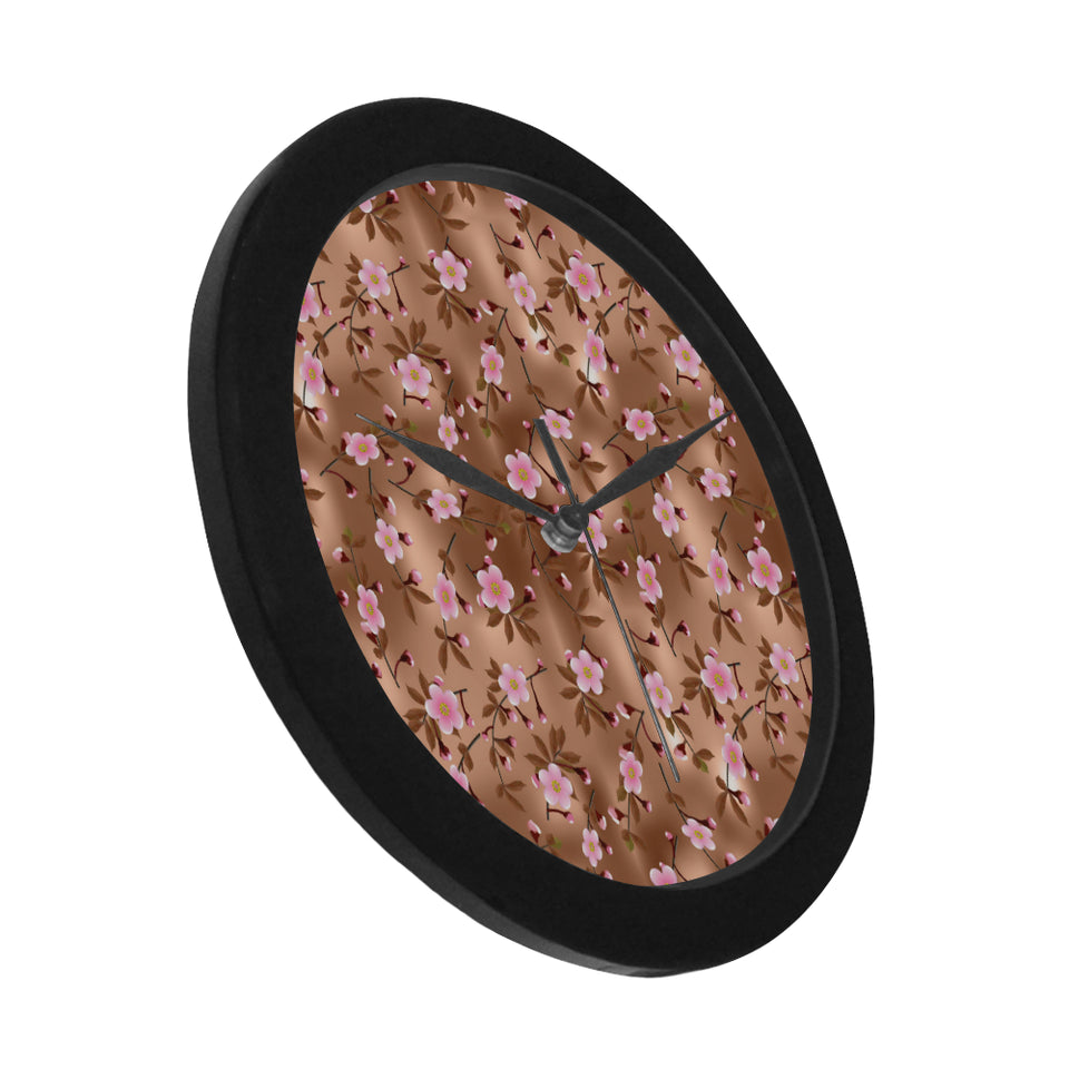 Pink sakura cherry blossom drak brown background Elegant Black Wall Clock