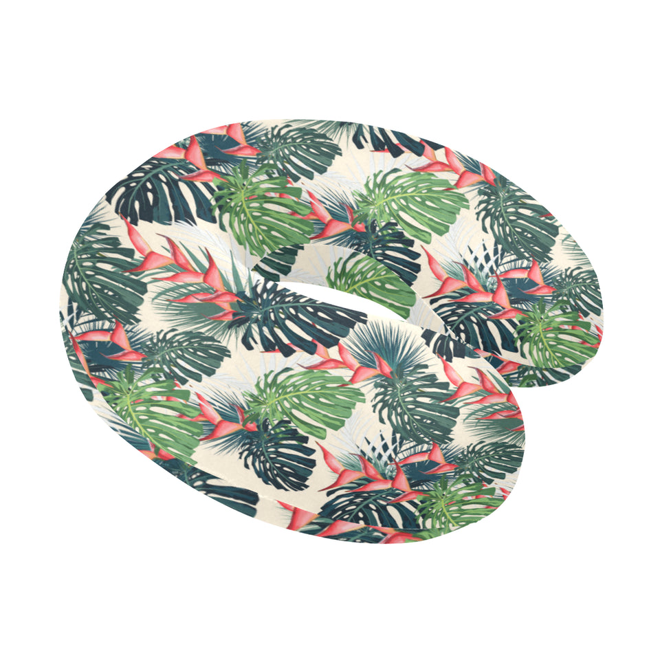 heliconia flowers, palm and monstera leaves U-Shaped Travel Neck Pillow