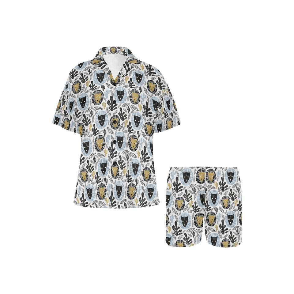 Lion Pattern Print Design 05 Women's V-Neck Short Pajama Set