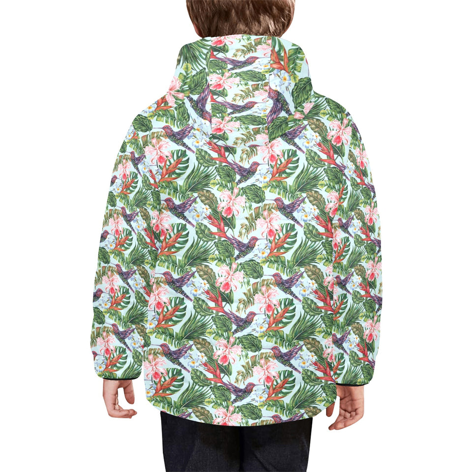 Hummingbird Pattern Print Design 05 Kids' Boys' Girls' Padded Hooded Jacket
