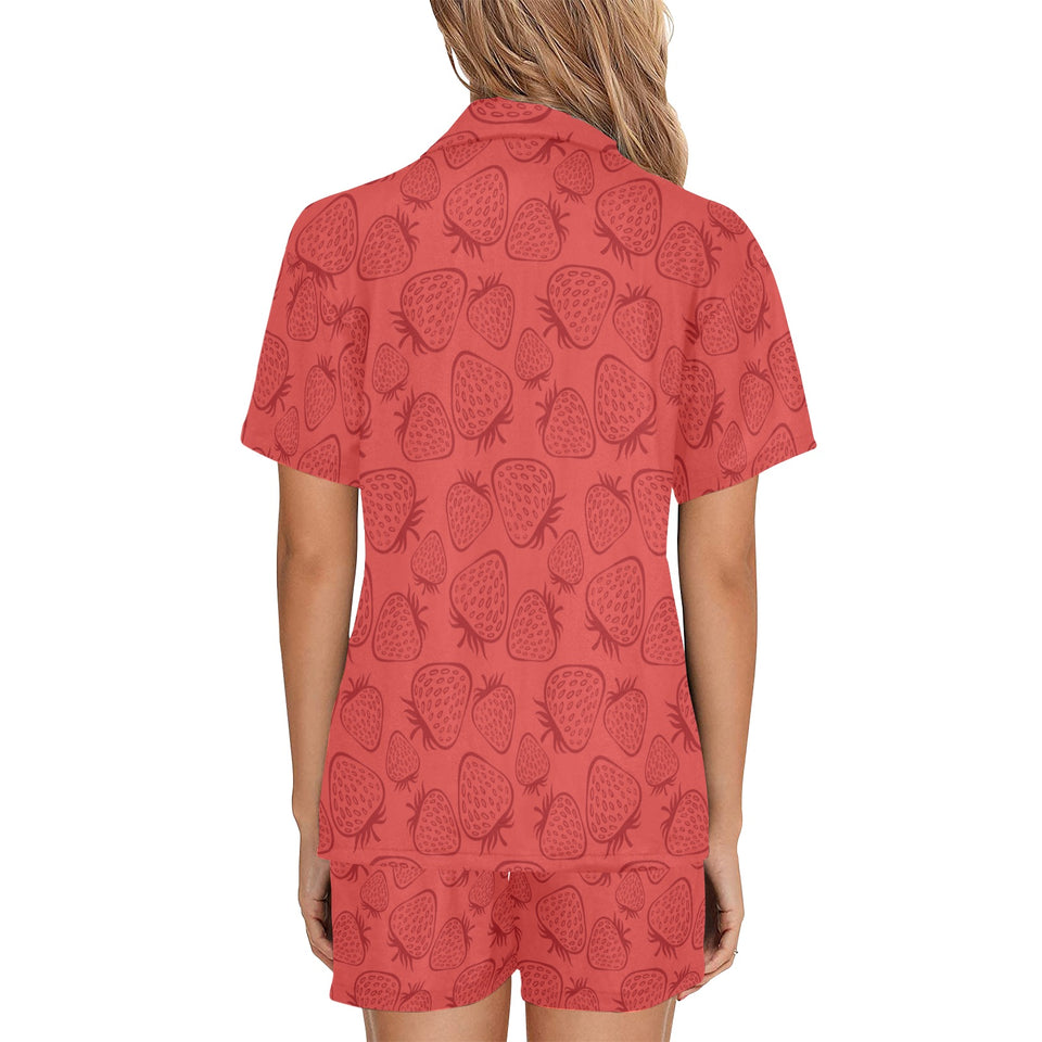 strawberry pattern red background Women's V-Neck Short Pajama Set