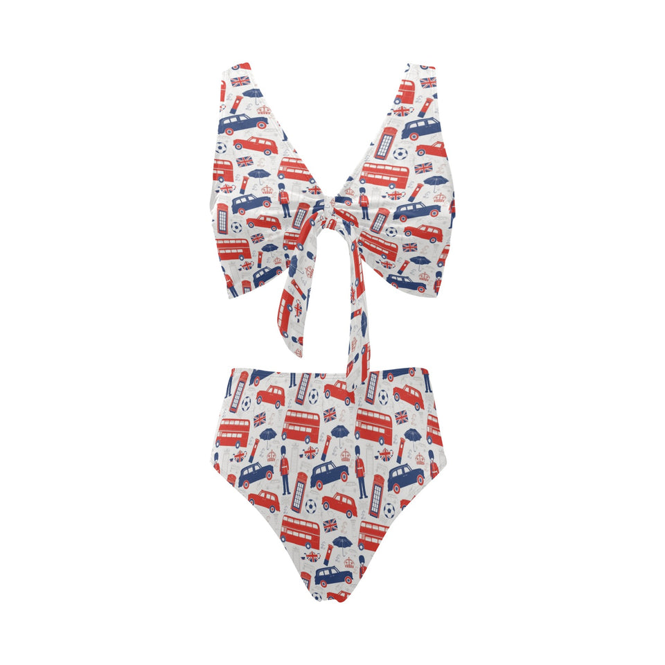 British Pattern Print Design 03 Chest Bowknot High Waisted Bikini Swimsuit