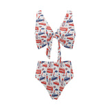 British Pattern Print Design 03 Chest Bowknot High Waisted Bikini Swimsuit