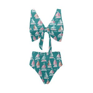 Cute sailboat pattern Chest Bowknot High Waisted Bikini Swimsuit