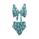 Cute sailboat pattern Chest Bowknot High Waisted Bikini Swimsuit