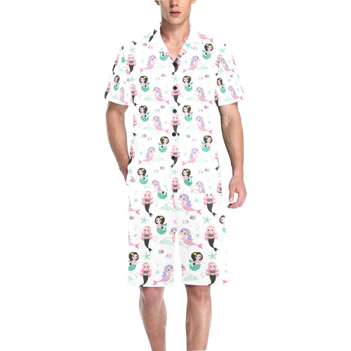cute mermaid dolphin fish starfish pattern Men's V-Neck Short Pajama Set