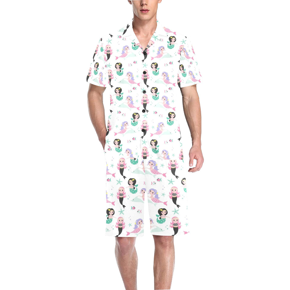 cute mermaid dolphin fish starfish pattern Men's V-Neck Short Pajama Set