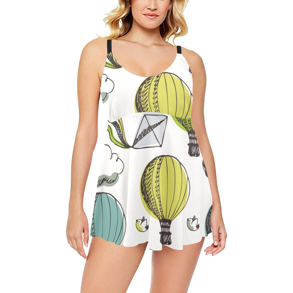 Hot Air Balloon Bird Cloud Pattern Chest Sexy Pleated Two Piece Swim Dress