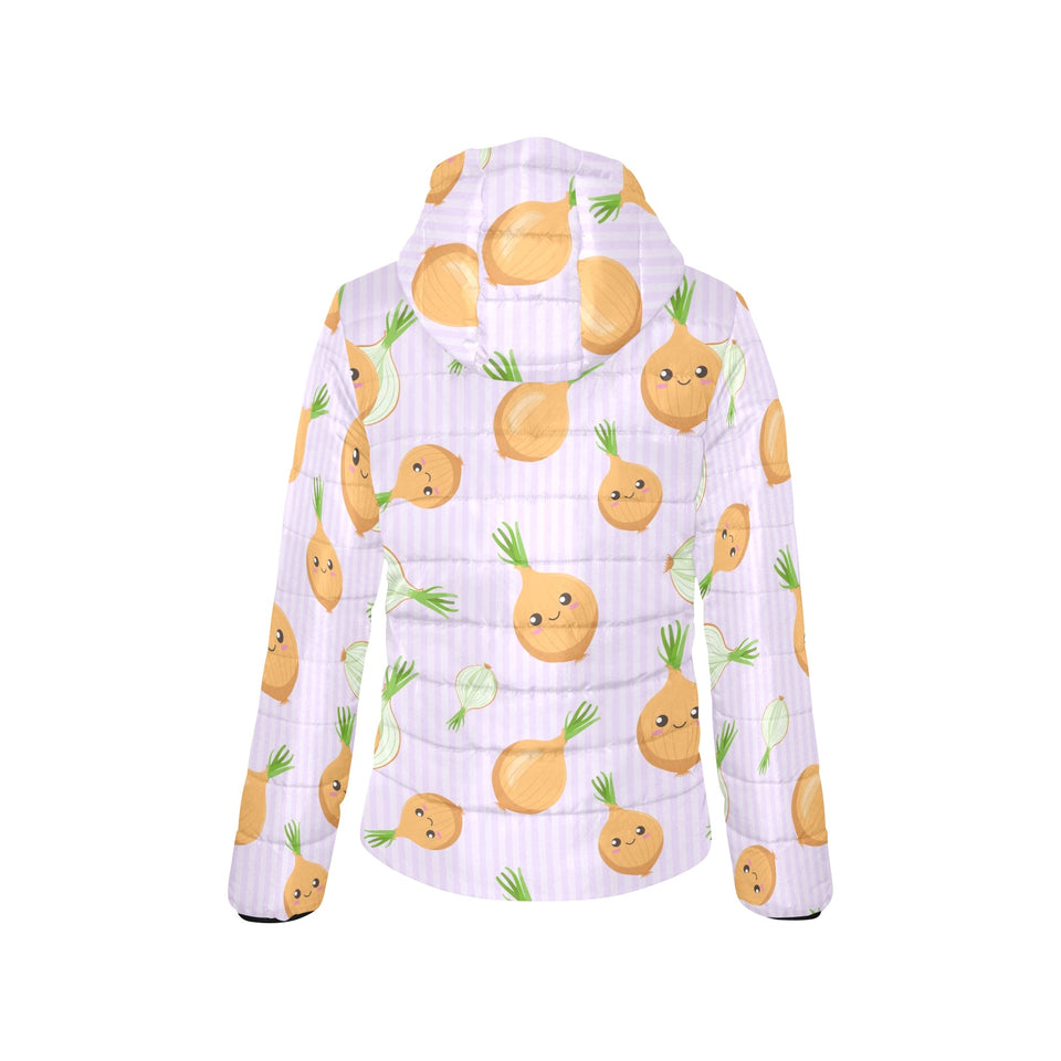 cute onions smiling faces purple background Women's Padded Hooded Jacket