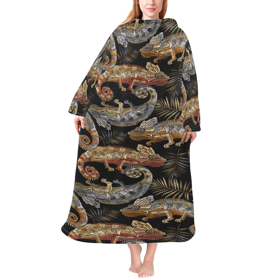 Chameleon lizard tropical leaves palm tree Blanket Robe with Sleeves