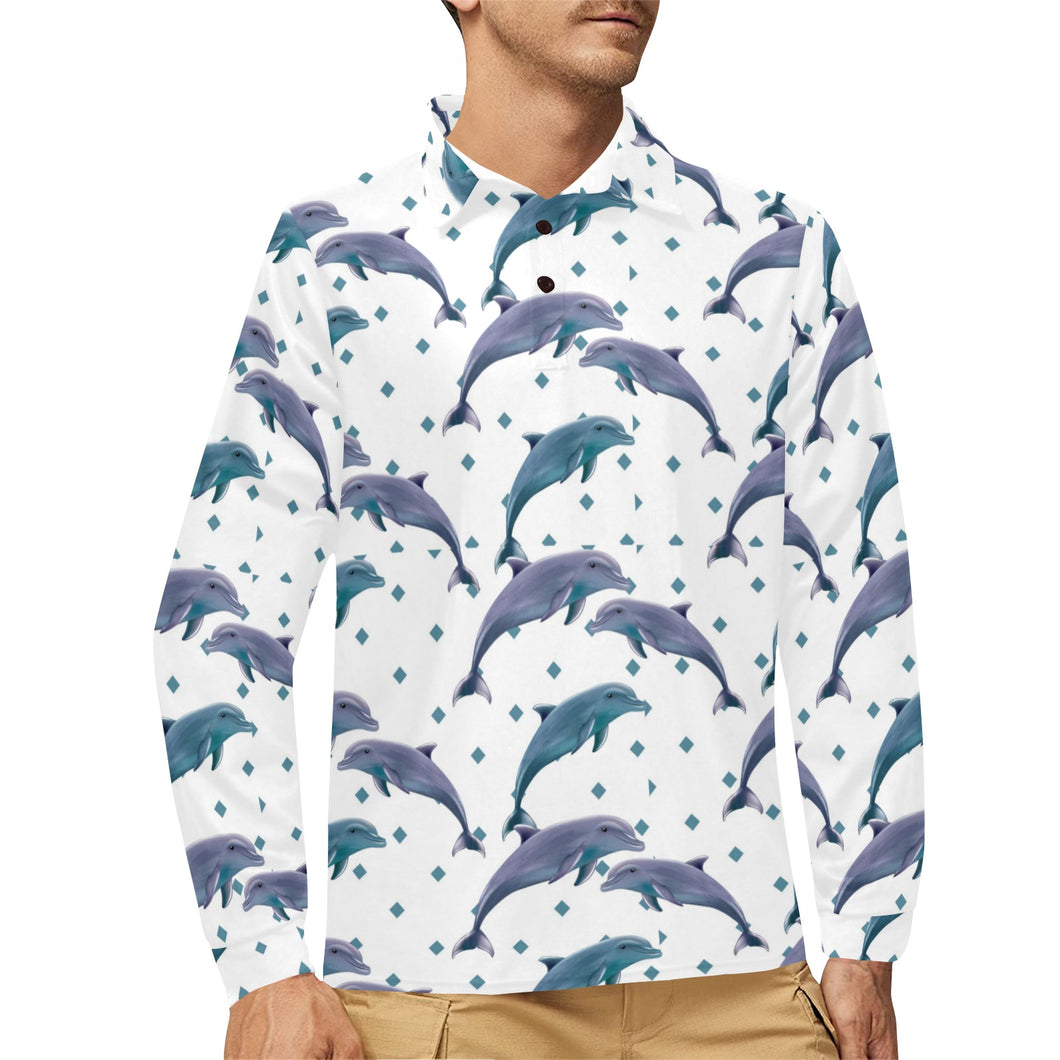 Dolphins pattern dotted background Men's Long Sleeve Polo Shirt