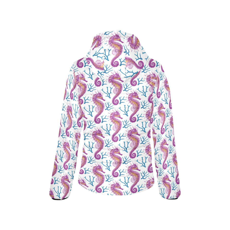 Purple seahorse blue coral pattern Women's Padded Hooded Jacket