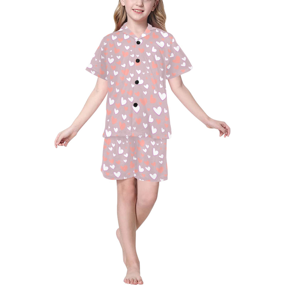 coral white heart pattern Kids' Boys' Girls' V-Neck Short Pajama Set