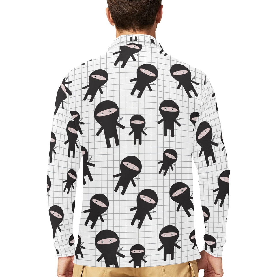 Ninja pattern plaid background Men's Long Sleeve Polo Shirt