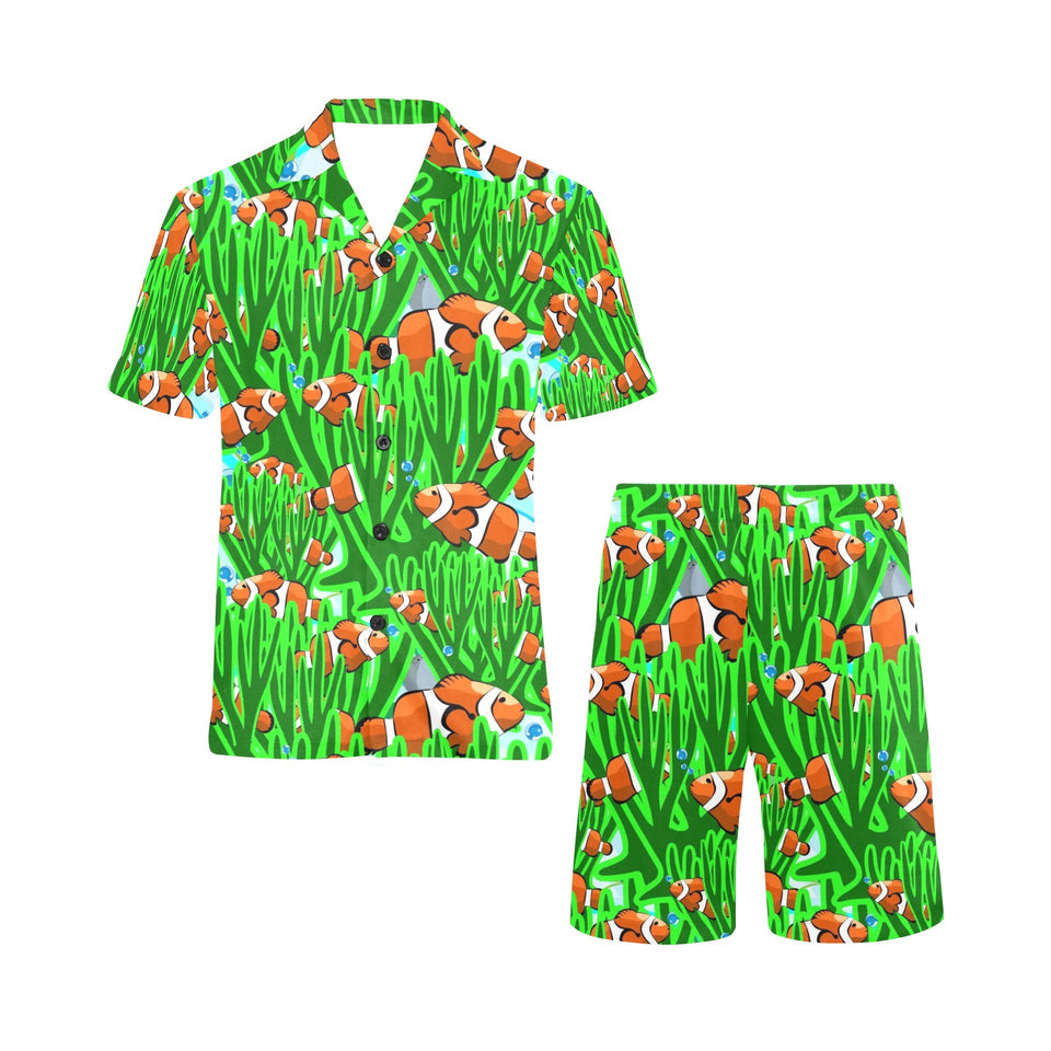 Clown Fish Pattern Print Design 01 Men's V-Neck Short Pajama Set