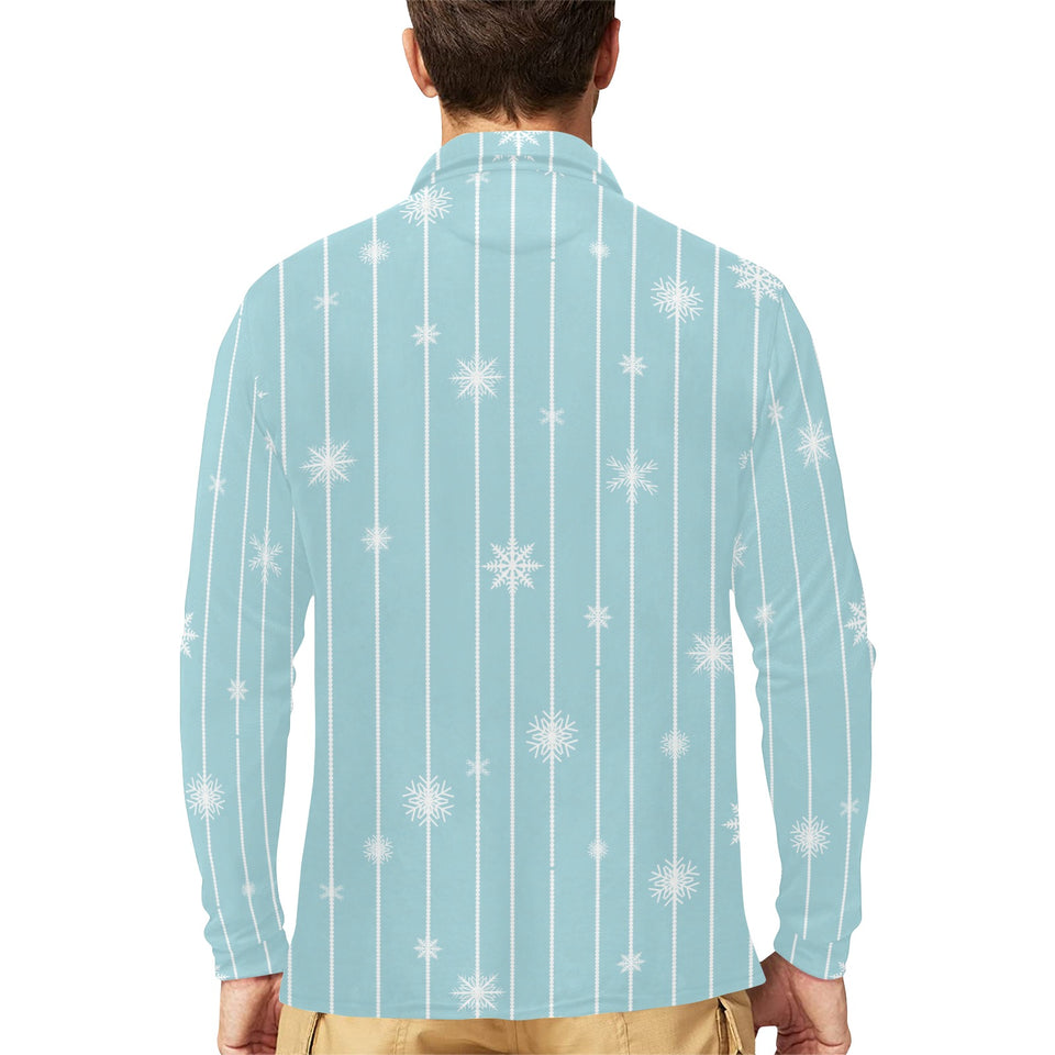 Snowflake pattern blue stripe background Men's Long Sleeve Polo Shirt