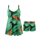 heliconia flower palm monstera leaves black backgr Chest Sexy Pleated Two Piece Swim Dress