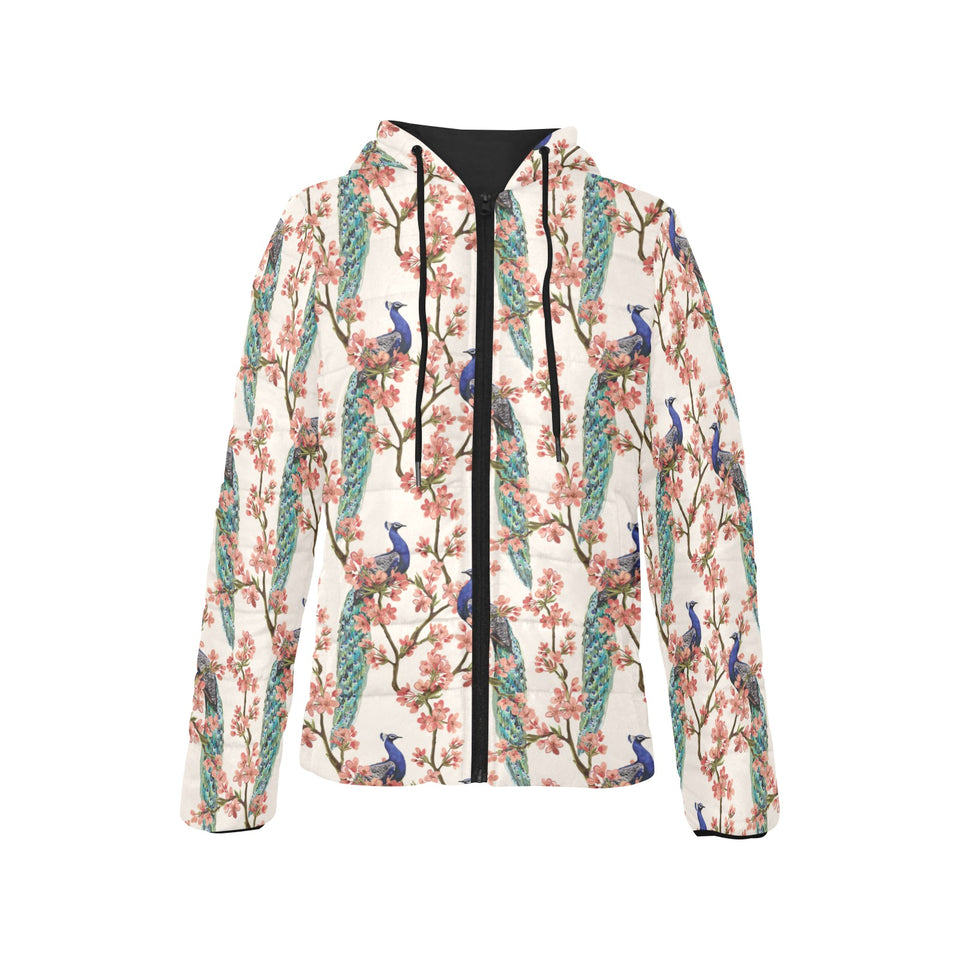 Peacock tropical flower pattern Women's Padded Hooded Jacket