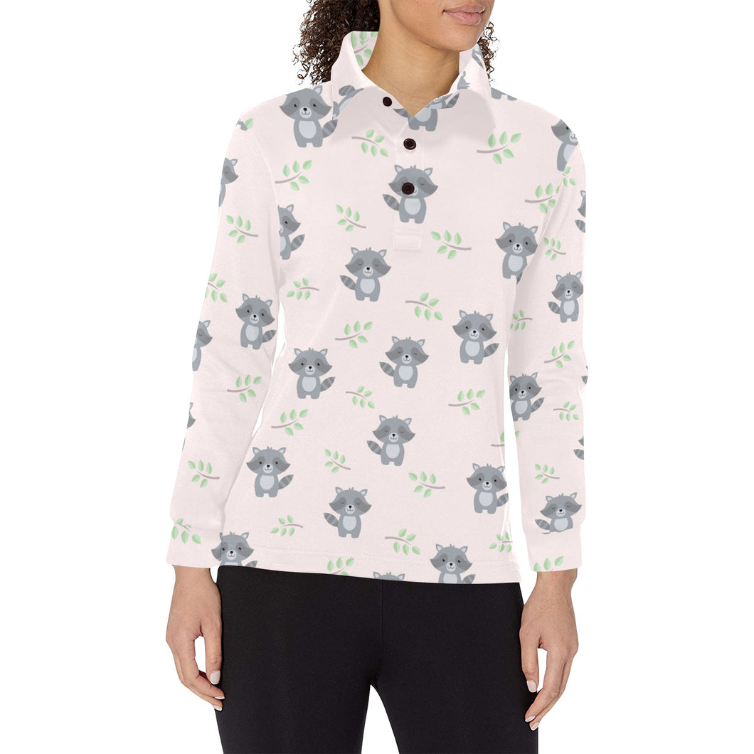 cute raccoons leaves pattern Women's Long Sleeve Polo Shirt