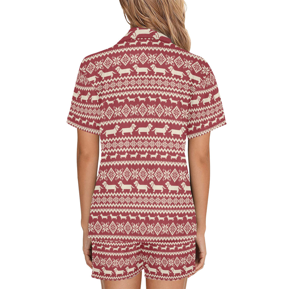 Dachshund Nordic pattern Women's V-Neck Short Pajama Set