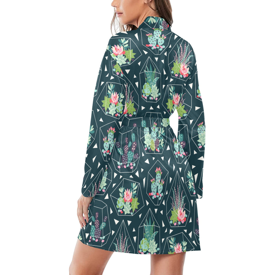 Cactus glass terrarium pattern Women's Long Sleeve Belted Night Robe