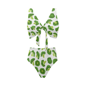 Cute broccoli pattern Chest Bowknot High Waisted Bikini Swimsuit