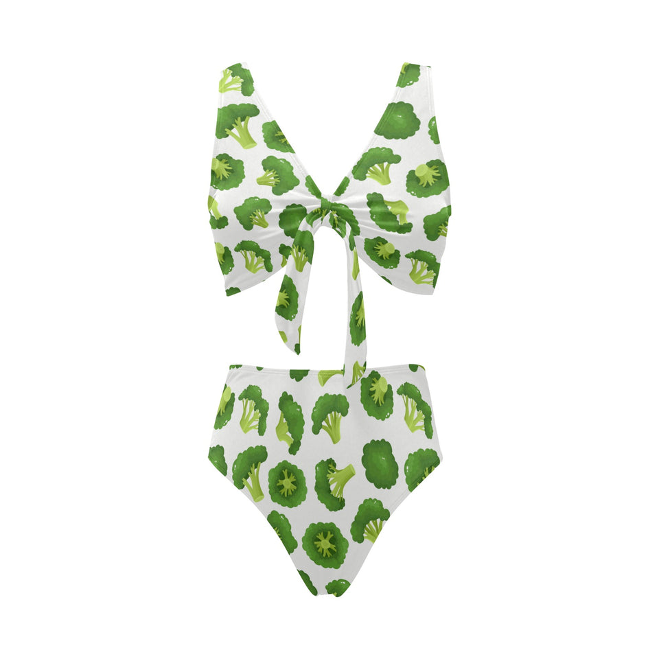 Cute broccoli pattern Chest Bowknot High Waisted Bikini Swimsuit